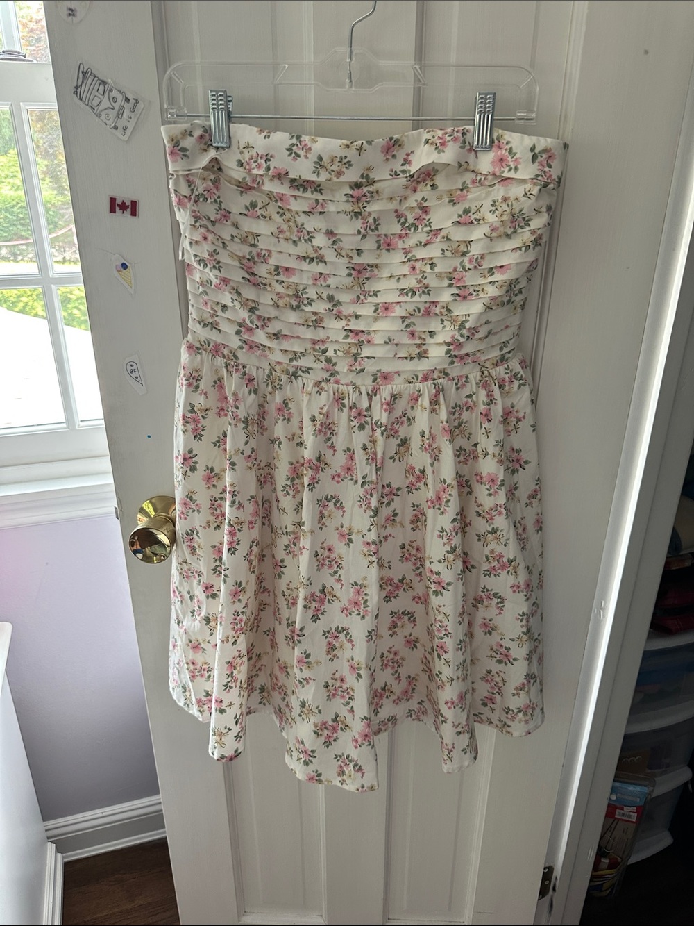 Nordstrom Cream Floral Strapless Midi Dress with Pink Roses